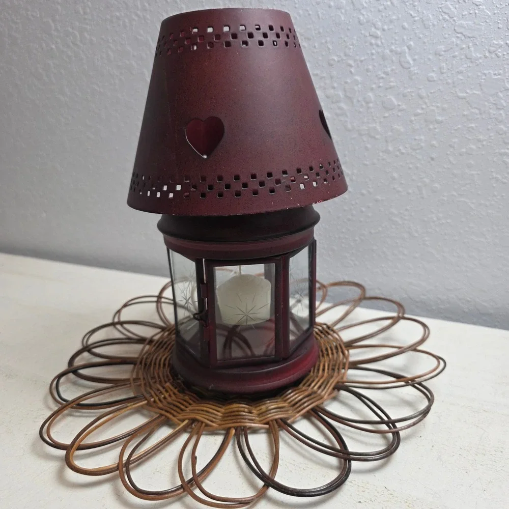 Rustic Burgundy Red Metal Heart Lantern Etched‎ Glass Tea Light Holder